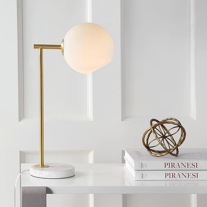 JONATHAN Y 20.5" Gold/White Modern Metal Marble LED Bedside Table Lamp for Bedroom, Frosted Glass Globe Shade, Minimalist Scandinavian Lamp for Living Room JYL1000A