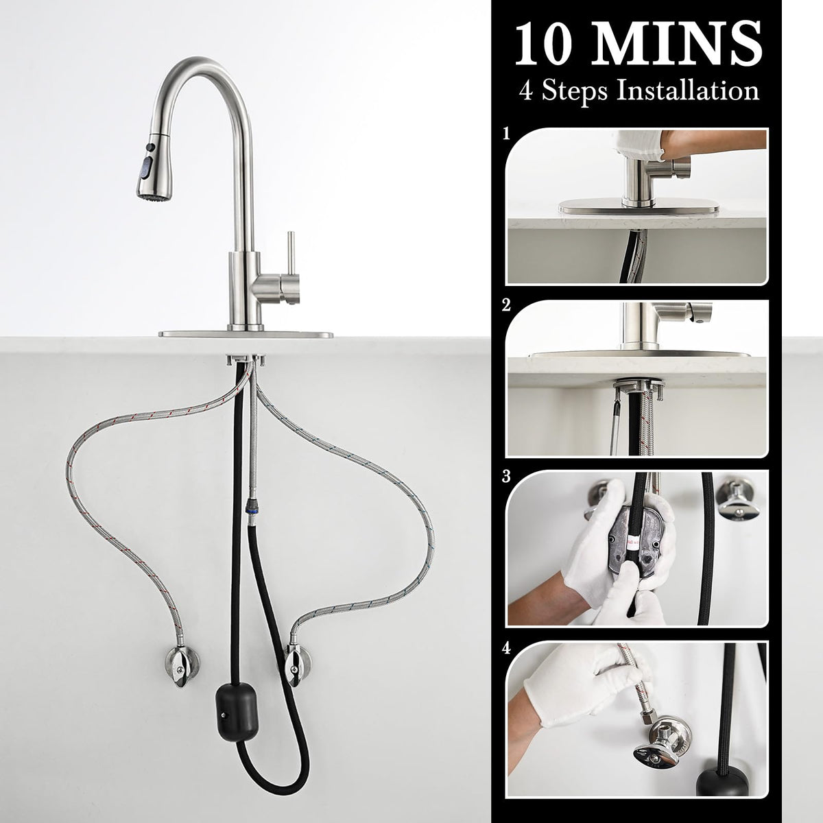 Ibergrif Kitchen Faucets with Pull Down Sprayer, Single Handle High Arc Brushed Nickel Stainless Steel 1 or 3 Hole Kitchen Sink Faucet with Deck for RV Laundry Farmhouse Bar