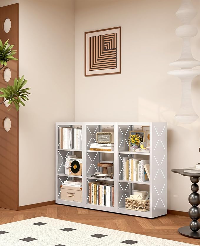 3 Tier Bookshelf, Adjustable Metal Bookcase with Anti-Tip Kit & Leveling Feet, Heavy-Duty Metal Storage Organizer, Modern Corner Shelves for Living Room, Kitchen, Office