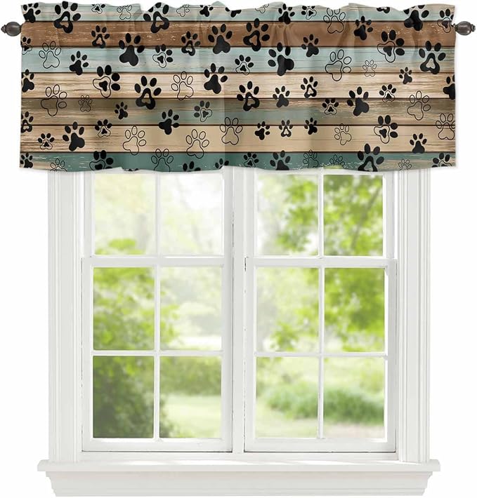 Dog Paws Valances for Windows, Teal Brown Wood Grain Kitchen Valance Light