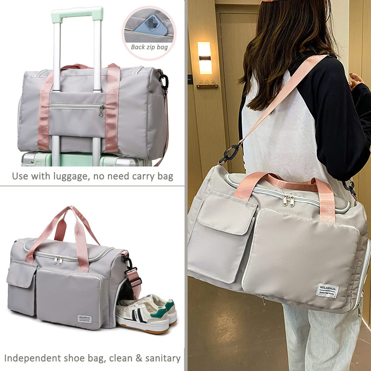 Gym Bag for Women, Dance Bag, Overnight bag, Foldable Travel Duffel Bag, Gym Bag with Wet Pocket & Shoes Compartment, Hospital Bag, Small Luggage Bag for Women and Man (Black+Toiletry Bag)