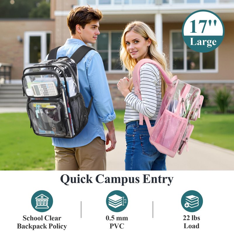 PACKISM Clear Backpack for School - 17 inch Large Heavy Duty Bookbag, Reinforced See Through PVC Transparent Backpack for Students Men Women, Battleship Grey (Age 12+)