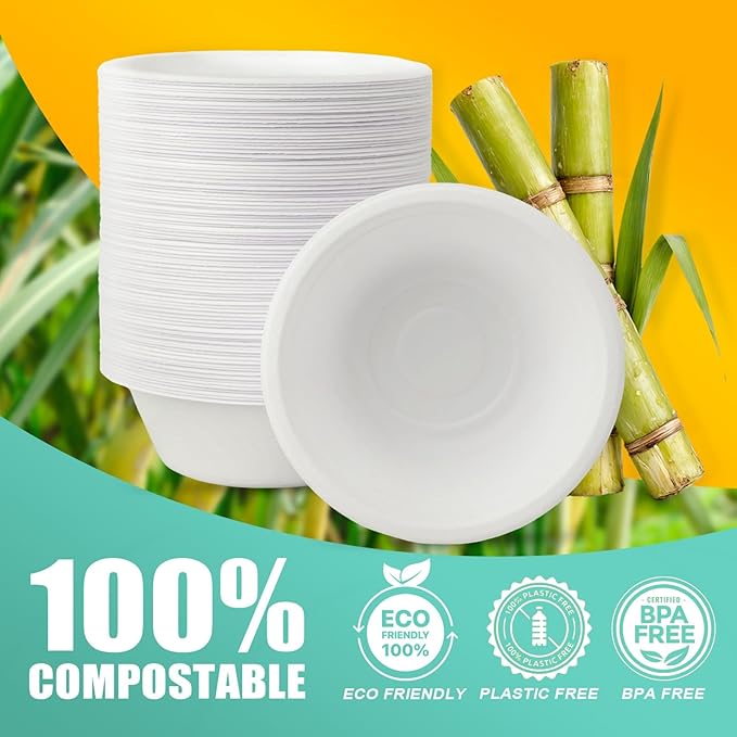 1000 Count 12 oz Paper Bowls, Disposable Compostable Bowls Bulk, Heavy Duty Biodegradable Bagasse Bowl for Snacks, Soup, and Salads, White