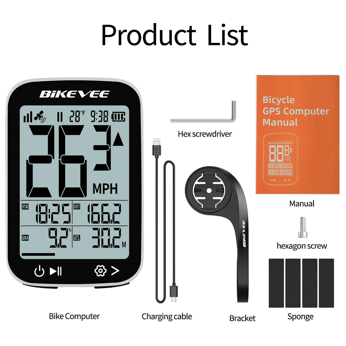 Bikevee GPS Bike Computer Wireless Cycling Computer with Auto Backlight, Bicycle Speedometer Odometer, Waterproof GPS Speed Tracker for Road Mountain Bikes - White