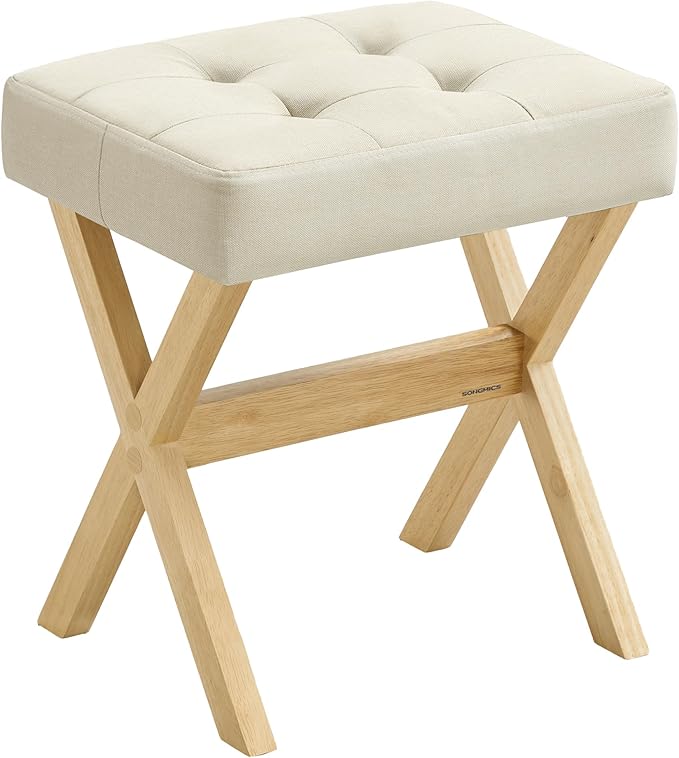 SONGMICS Makeup Stool, Padded Vanity Stool, Foot Rest, Solid Wood X Legs, for Bedroom, Closet, Entryway, 12.6 x 16.5 x 18.1 Inches, Summer Sand and Brown ULSF006LF01
