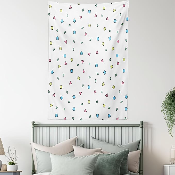 Ambesonne 90s Tapestry, Colorful Mosaic Pattern with Geometric Shapes in Memphis Style Doodle Print, Wall Hanging for Bedroom Living Room Dorm Decor, 40" X 60", Blue Green