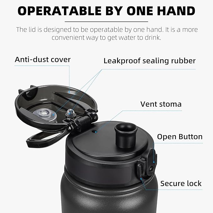 Fanhaw 20 oz Insulated Stainless Steel Water Bottle with Anti-Dust Chug Lid, Leakproof Vacuum Metal Bottle for Kids, Women & Men (Black)