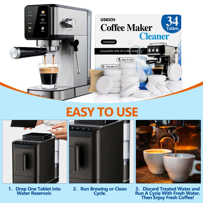 Coffee Machine Cleaner Descaler Tablets 34 Pack, Coffee Maker Cleaner for Keurig, Ninja, Breville, Delonghi, Nespresso, Miele,Espresso Machine Cleaning Tabs,Descaling Solution for Coffee Pot Maker