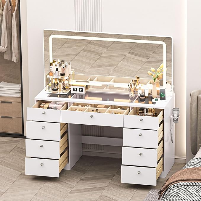 Makeup Vanity Desk with Mirror - 46 INCH Glass Tabletop Vanity Table with Lights, Drawers, Power Outlet, Large Storage Desk for Bedroom, White