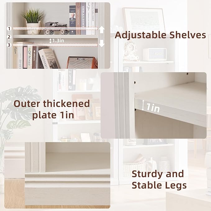 70" White Tall Bookshelf,5-Tier Thick Wooden Book Shelf with Adjustable Shelves,Free Standing Farmhouse Bookcase with Open Display Storage,Floor Vintage Bookshelves for Living Room,Office