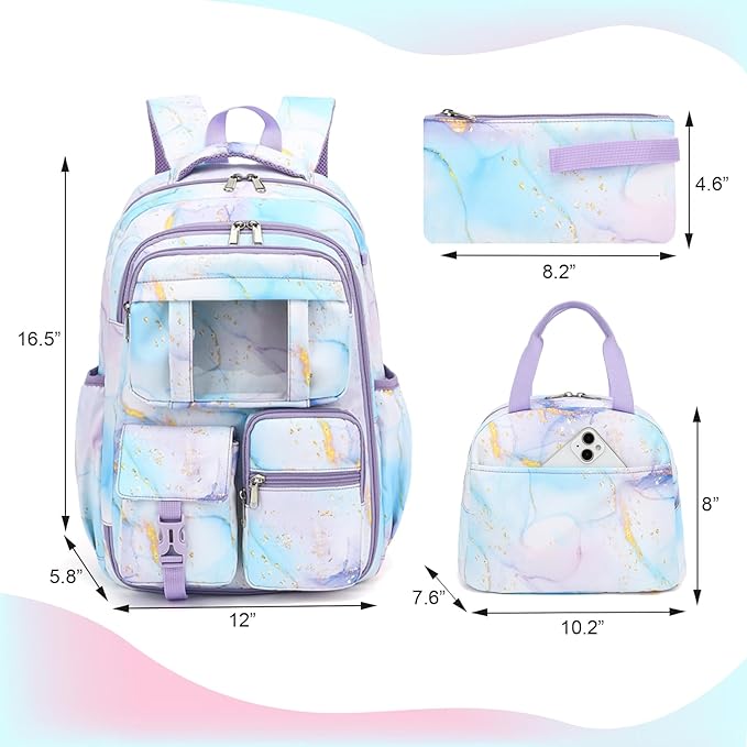 School Backpack for Girls 3Pcs Set Elementary Middle School Book Bags with Lunch Box Pencil Case