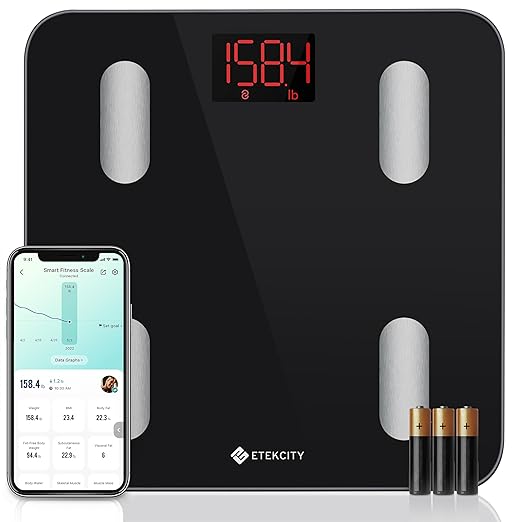 Etekcity Scales for Body Weight, Bathroom Digital Weight Scale Fat, Smart Bluetooth BMI, and Loss, Sync 13 Data with Other Fitness Apps, Black, 11x11 Inch