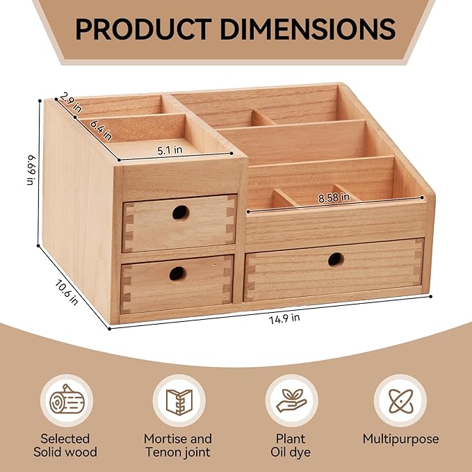 KIRIGEN Wood Makeup Organizer Storage Cabinet Tabletop Cosmetic Organizer Jewelry Storage Box 8 Compartment Makeup Display Case with 3 Drawers Natural(HZG-NA)