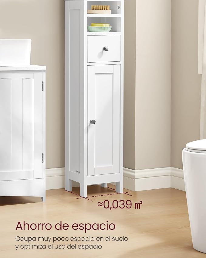 VASAGLE Tall Storage Cabinet, Slim Freestanding Floor Cabinet with Adjustable Shelves, Drawer, Open Compartments, for Small Spaces, Bathroom, Living Room, Modern, Cloud White UBBC765W01