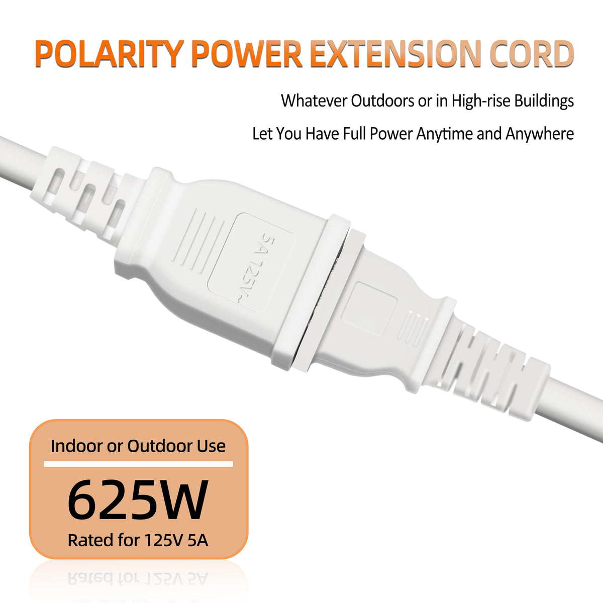 6FT Short Thin Extension Cord Indoor, White, 2 Prong, 5A 125V 625W (1Pack)