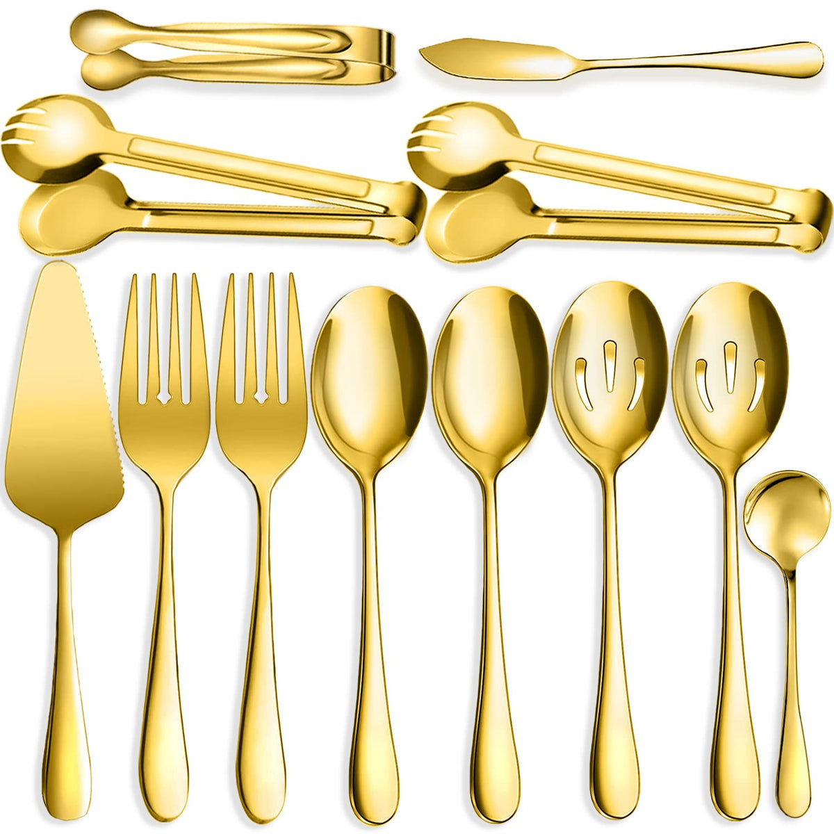 IAXSEE 11 PCS Serving Utensils, Large Stainless Steel Spoons Forks Tongs, Pie Server, Great for Hostess Buffet Catering Banquet Party, Black