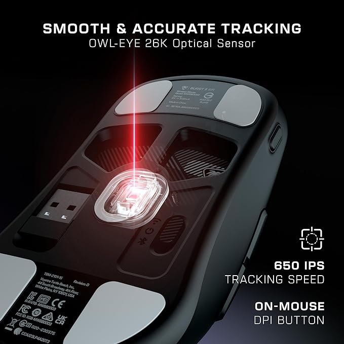 Turtle Beach Burst II Air Wireless Gaming Mouse - 47g Ultra Lightweight, Optical Switches, 26000 DPI Optical Sensor, 120-hour Rechargeable Battery, Symmetrical Design, Bluetooth, USB-C Cable – Black