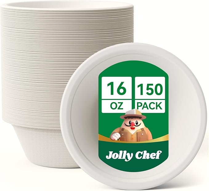JOLLY CHEF Compostable Disposable Paper Bowls [16 oz] Heavy Duty Soup Uncoated Containers [150 Pack] Biodegradable Bagasse Hot Cold Eco-Friendly Natural Sugarcane Microwavable for Dessert Christmas
