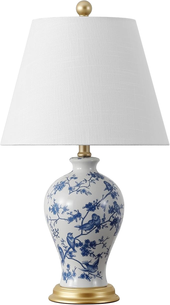 JONATHAN Y 24" Blue/White French Country Ceramic Floral Urn Table Lamp, White Linen Shade, Chinoiserie Ginger Jar Bedside Lamp for Living Room Bedroom, LED Bulb (JYL3009B)