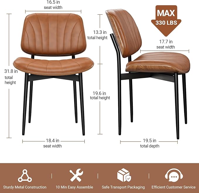 Dining Chairs Set of 2, Mid-Century Modern Upholstered PU Leather Chairs with Walnut Bentwood Back and Metal Legs Adjustable Feet for Kitchen Dining Room, Camel Shell Strips