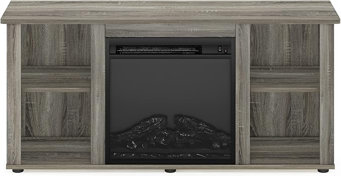 Furinno Jensen Fireplace Entertainment Center TV Stand with Open Storage for TV up to 55 Inch, French Oak Grey