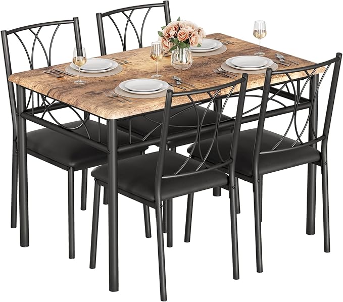 IDEALHOUSE Dining Table Set for 4, 5 Piece Dining Table Set with 4 Upholstered Chairs, Rectangular Dining Room Table Set of 4 for Small Space, Apartment, Retro Brown