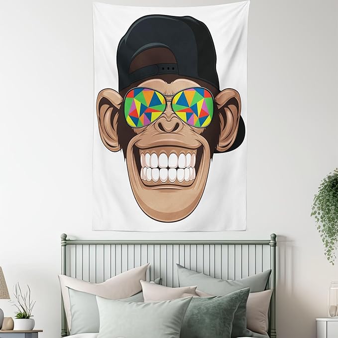 Ambesonne Cartoon Tapestry, Fun Hipster Monkey with Colorful Sunglasses and Hat Rapper Hippie Ape Art, Fabric Wall Hanging Decor for Bedroom Living Room Dorm, 30" X 45", White Brown