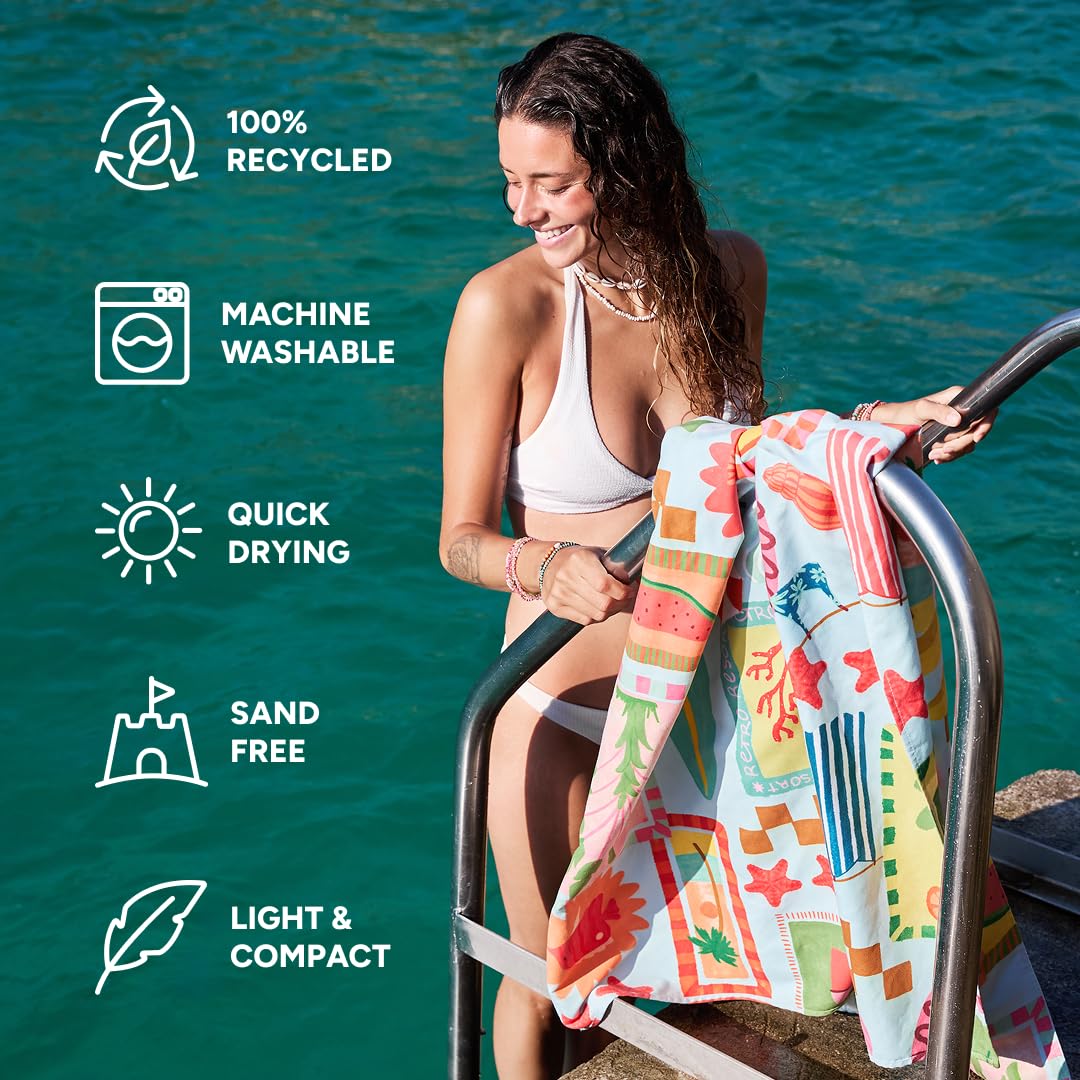 Dock & Bay Beach Towel - Quick Dry, Sand Free - Compact, Lightweight - 100% Recycled - Includes Bag - Wish You were Here - Large (160x90cm, 63x35)