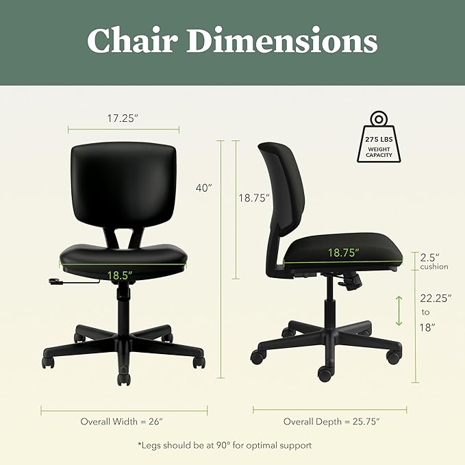 HON Volt Armless Chairs, Ergonomic Adjustable Center-Tilt Recline, Leather Back and Seat, Swivel Desk Chairs Ergonomic, Black