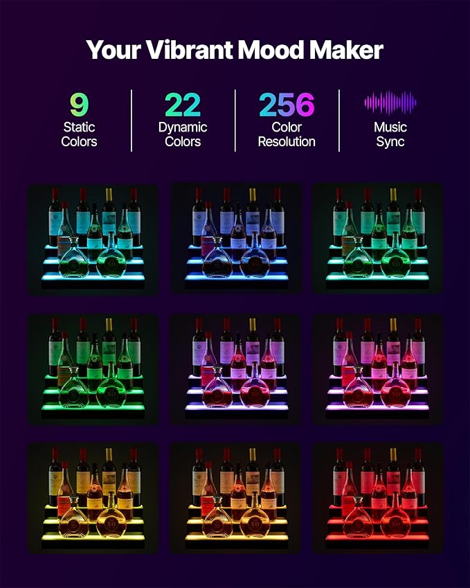 VEVOR LED Lighted Liquor Bottle Display, 3 Tiers 20 Inches Whiskey Rack, Supports USB, Illuminated Home Bar Shelf with RF Remote & App Control, 9 Static Colors, Acrylic Lighted Shelf for 15 Bottles