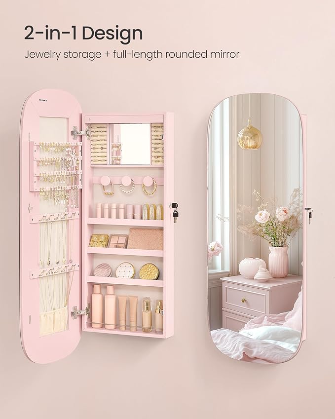 SONGMICS Jewelry Organizer, LED Jewelry Cabinet Wall/Door Mounted, Lockable Rounded Wide Mirror with Storage, Interior Mirror, 3.9 x 16.5 x 42.5 Inches, Jelly Pink Surface with Cream White Lining