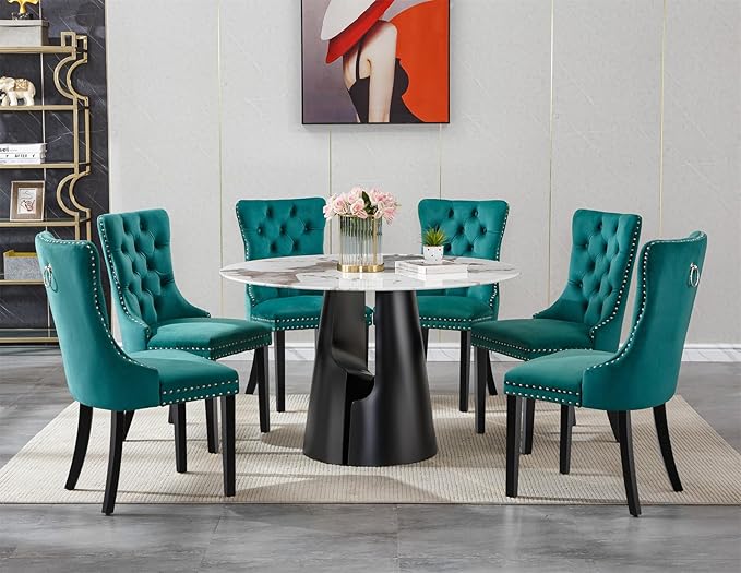 7-Piece Faux Marble Round Dining Table Set for 6, Modern Luxury Kitchen Table Set for 6 with Green Tufted Chairs,Circle Dining Tables with Pandora Grain Top and Black Pedestal Base