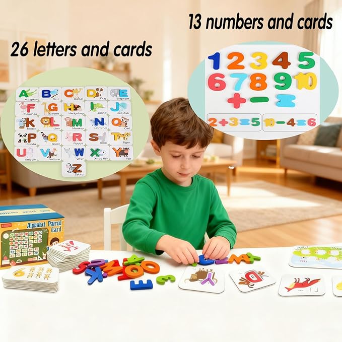 Alphabet Flash Cards, Numbers and Alphabets Flash Cards Set, Wooden Letters Number Blocks Sight Words Matching Game Toddler Preschool Learning Activities Toys for Preschool Kids Age 4 Year Over