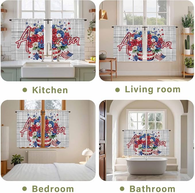 Independence Day Kitchen Curtains 45 Inch Long 2 Panel Set, Rod Pocket Window