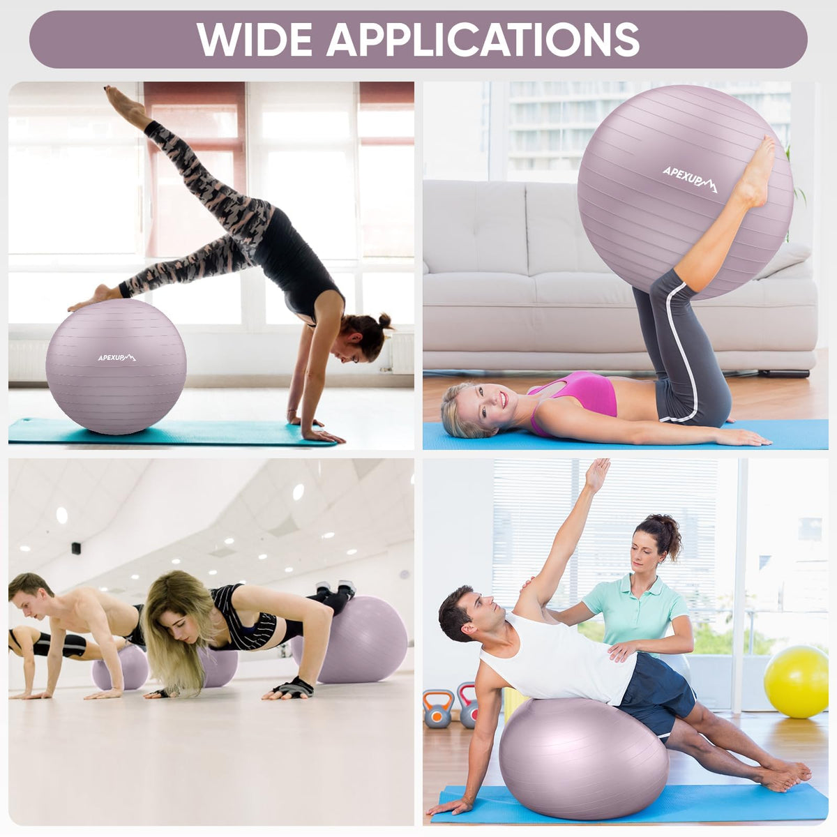 APEXUP Yoga Ball, 660 lbs Anti-Burst Exercise Ball with Pump, 5 Sizes (XL (27"~30") 75cm, Mauve)