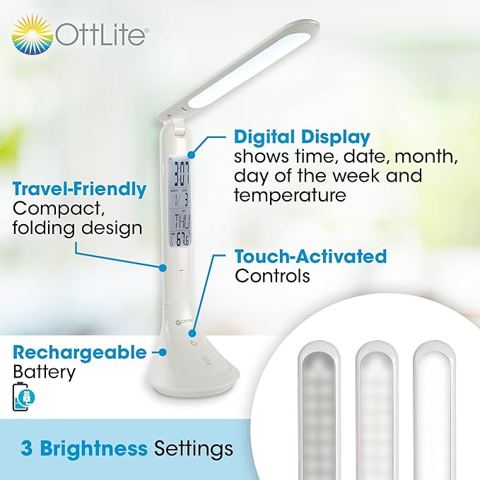 OttLite ClearSun LED Travel Task Lamp - Cordless, Digital Display & Touch Activated Controls - Desk Lamp with Rechargeable Battery - Travel-Friendly & Portable Reading Lamp