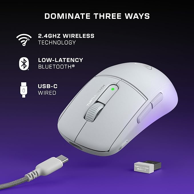 Turtle Beach Burst II Air Wireless Gaming Mouse - 47g Ultra Lightweight, Optical Switches, 26000 DPI Optical Sensor, 120-hour Rechargeable Battery, Symmetrical Design, Bluetooth, USB-C Cable – White