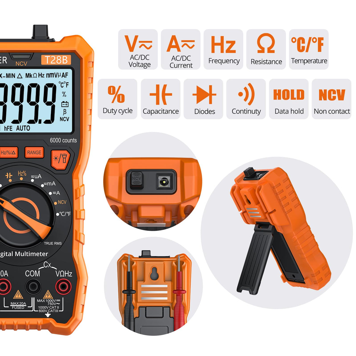 Proster Digital Multimeter - TRMS Voltmeter Multimetro Auto Range Multi Testers, 20A DC AC Current Meter NCV Detector Magnetic Hanging Hands-Free Design with Temperature Probe Backlit LCD Flashlight