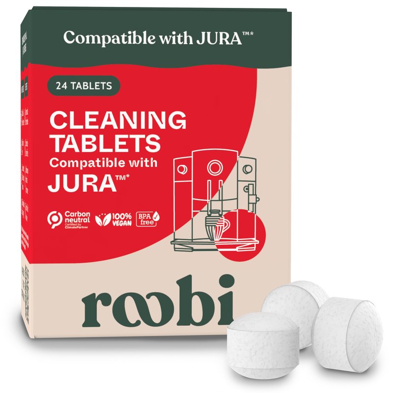 Roobi Compatible Cleaning Tablets for Jura. 24 Jura Cleaning Tablets for Automatic Espresso Coffee Machines. 100% Vegan, Carbon Neutral.