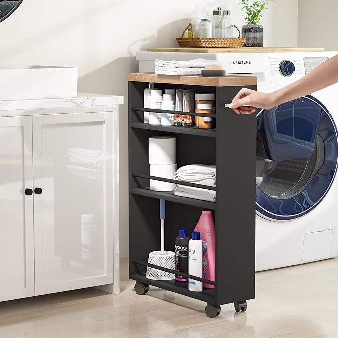 Tribesigns Slim Storage Cart, Rolling Narrow Kitchen Cart on Wheels for Small Place, 4-Tier Slide Out Slim Utility Cart Skinny Laundry Cart with Handle for Kitchen, Bathroom, Laundry