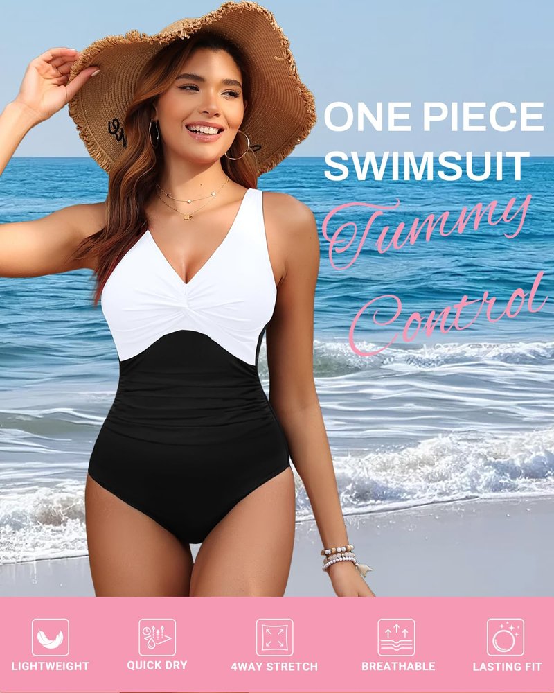 Holipick Black and White Women Tummy Control One Piece Swimsuit - Push Up Bathing Suit Full Coverage Slimming Swimwear XL