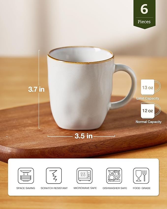 famiware Coffee Mugs Set of 6, Ocean Square 13oz Coffee Cup Set with Handle for Cocoa, Milk, Hot Chocolate, Tea, Water, Stoneware Cups for Kitchen, Microwave and Dishwasher Safe, Cappuccino White