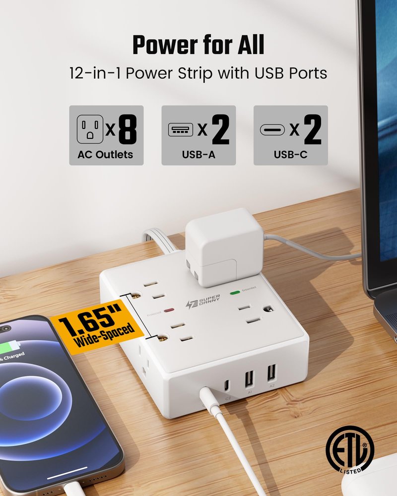 25Ft Long Extension Cord, Flat Plug Power Strip with 8 Outlets & 4 USB Ports (2 USB C), Wall Mountable Surge Protector, Desk Charging Station for Home Office, Dorm Room Essentials