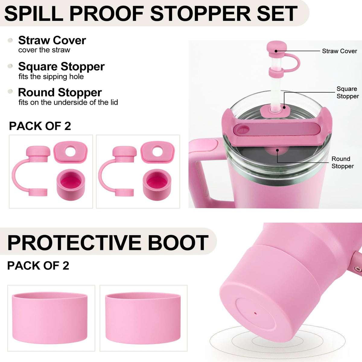 HYZ 8pcs Stanley Cup Accessories, Spill Proof Stopper & Boot Set, Peony