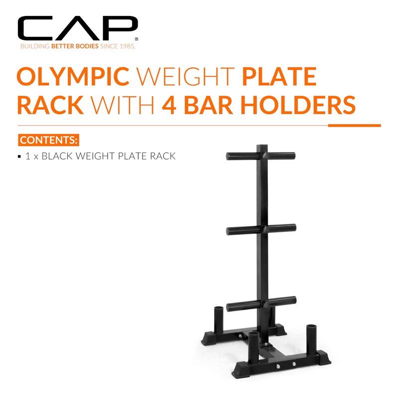 CAP Olympic Bumper Plate Tree Rack with 6 Weight Plate Posts & 4 Barbell Holders, Heavy-Duty Steel Plate Storage Rack for Home Gym, Black, 660 lb Capacity