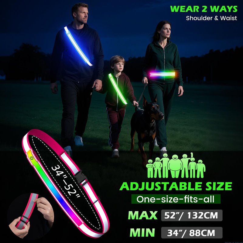 Reflective Sash Gear for Walking at Night,Flashing LED Reflective Belt Safety Lights for Walkers Night Dog Walking Biking Running,High Visibility Rechargeable With Wear 2 Ways for Men Women (Pink)