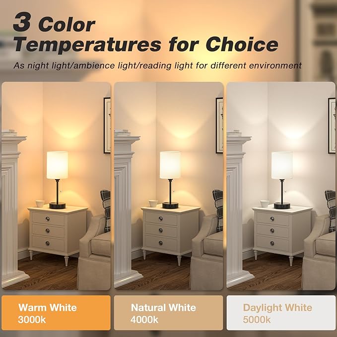 Small Bedside Table lamp for Bedroom - 3 Color Temperatures Bedside Lamps with USB C and A Ports, Pull Chain Table Lamps with AC Outlet, White Nightstand Lamps with Black Metal Base for Kids Reading