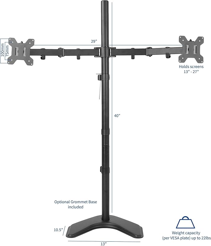 VIVO Dual 13 to 27 inch LED LCD Monitor Free-Standing Desk Stand, Holds 2 Screens, Heavy-Duty Fully Adjustable Arms with Max VESA 100x100mm, Extra Tall 40 inch Pole, Black, STAND-V012F