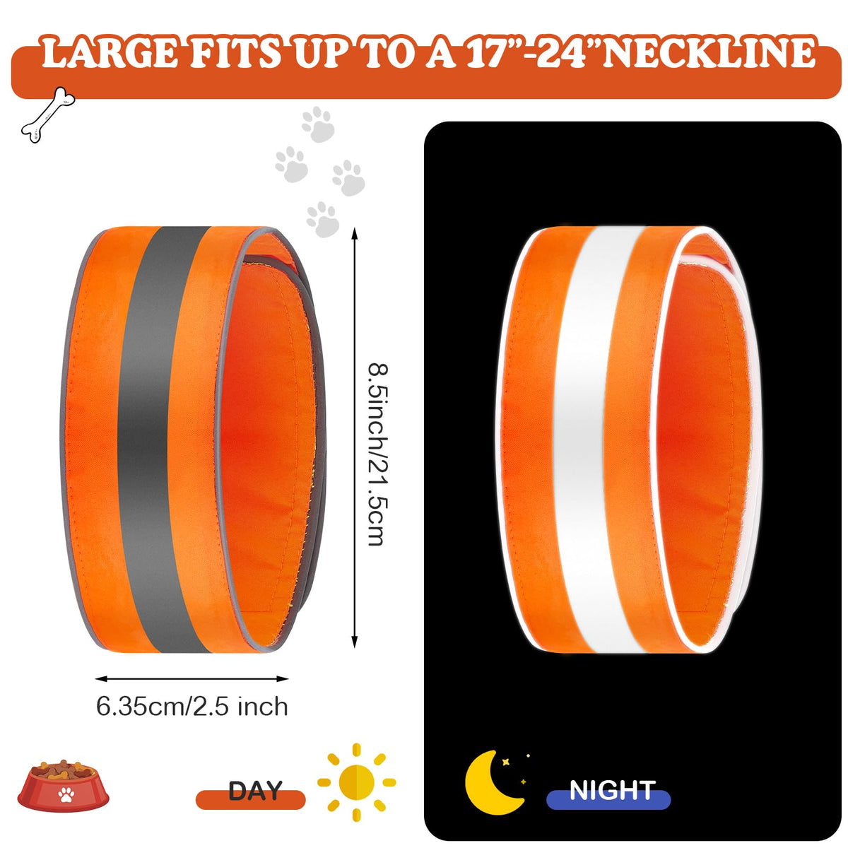 Paterr 2 Pcs Reflective Dog Collar High Visibility Adjustable Pet Collars with Quick Release Fastener Comfortable Dog Walking Accessories for Small Medium Large Pet, Orange, Fluorescent Green(Stripe)