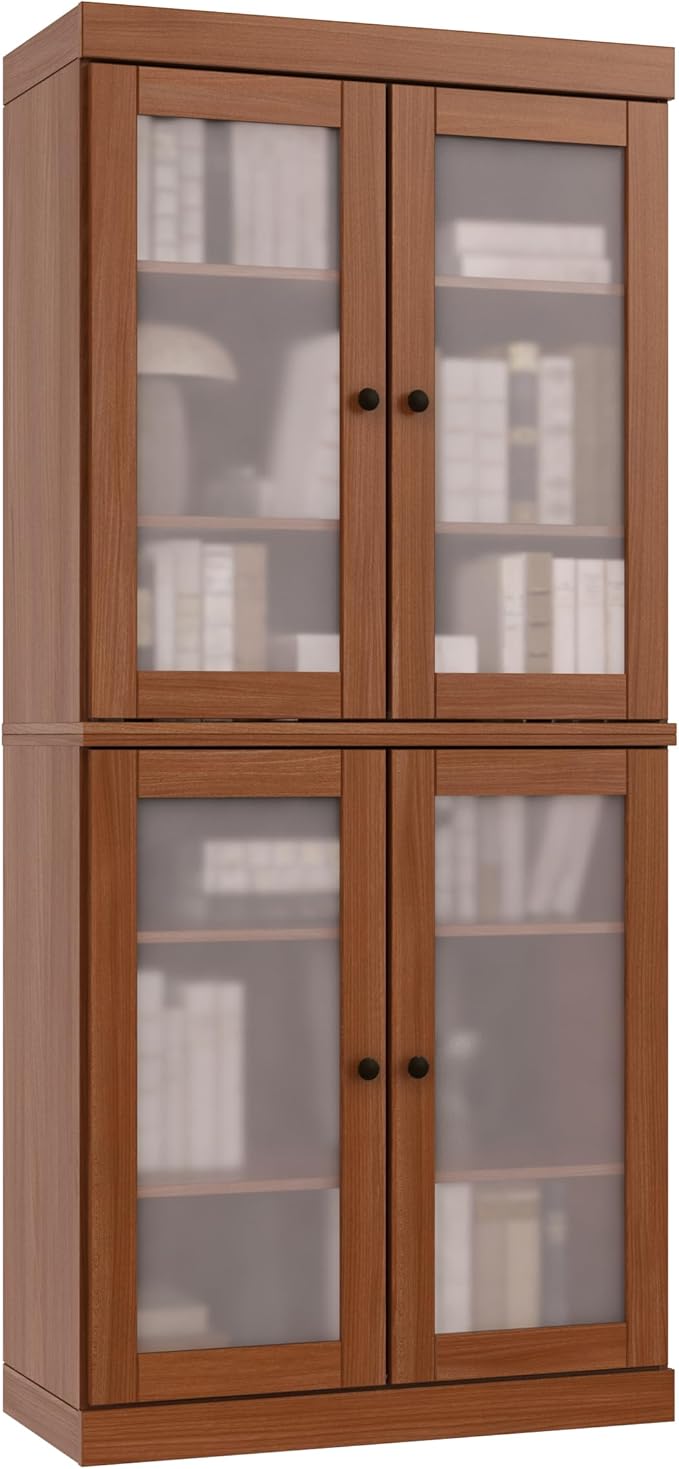 Palace Imports Solid Wood Bookcase w/Frosted Glass Doors & Adjustable Shelves - 6-Tier Bookshelf, 71.5" Tall, 32” Wide - Mocha, 100% Renewable Eco-Friendly Wood, Made in Brazil